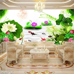 Tranh những bông hoa sen mang sắc đỏ bên chữ hán in 3d