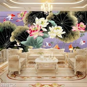 Tranh bông hoa sen trắng và đàn cá chép trong hồ nước