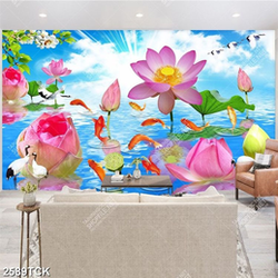 Tranh cành hoa anh đào trắng trên hồ cá chép vàng