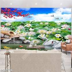 Tranh psd bạt ngàn hoa sen hồng bên đôi thiên nga trắng