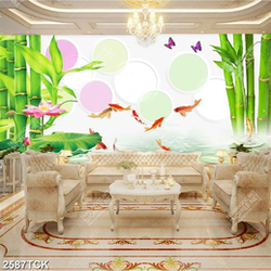 Tranh giả ngọc hồ cá chép vàng bên bụi tre xanh in tường Tranh giả ngọc hồ cá chép vàng bên bụi tre xanh in tường