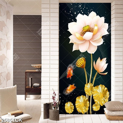 Tranh giả ngọc hoa sen hồng và cá chép bơi tung tăng
