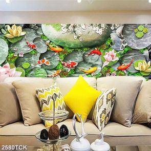 Tranh đầm hoa sen khoe sắc đỏ và đàn cá chép in 3d
