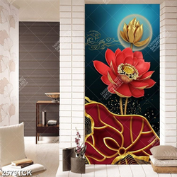 Tranh in uv thủy mạc đầm hoa sen và đàn cá chép vàng