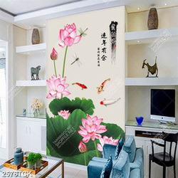 Tranh decor hoa sen hồng và đàn cá chép vàng xinh đẹp