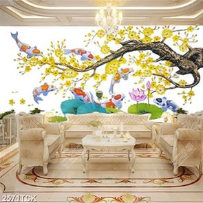 Tranh cá chép bên những bông hoa mẫu đơn in 5d