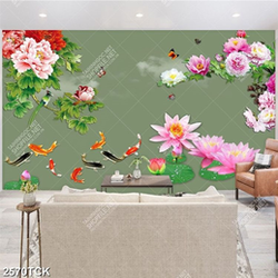 Tranh thủy mạc hoa sen hồng và đàn cá chép vàng psd