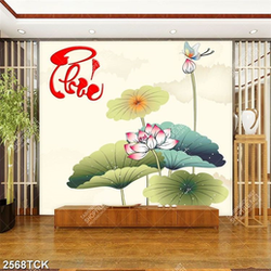 Tranh nghệ thuật hoa sen hồng trong ồ cá chép sắc tím