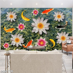 Tranh trang trí những bông hoa sen hồng  và cá chép psd