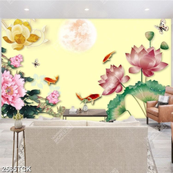 Tranh thủy mạc đầm hoa sen hồng và đàn cá chép in 3d