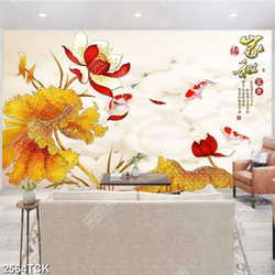 Tranh in uv thủy mạc đầm hoa sen và đàn cá chép vàng