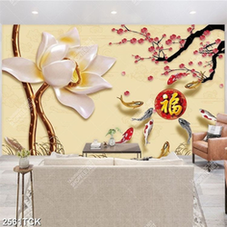 Tranh decor hồ hoa sen trắng và đàn cá chép vàng giả ngọc