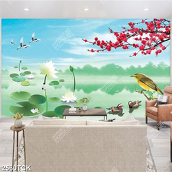 Tranh psd cành hoa đào đỏ tươi khoe sắc tren hồ hoa sen