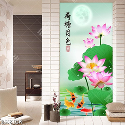 Tranh in canvas hoa sen hồng khoe sắc bên cá chép vàng