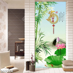 Tranh decor hoa sen hồng bên hàng tre xanh xinh đẹp