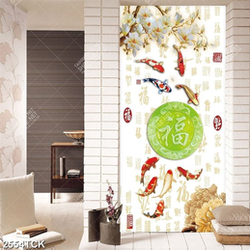 Tranh đàn cá chép giả ngọc bên chữ hán trang trí tường