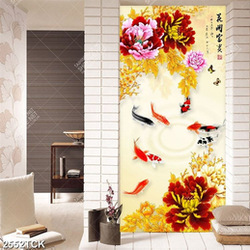 Tranh những bông hoa mẫu đơn và đàn cá chép tung tăng Tranh những bông hoa mẫu đơn và đàn cá chép tung tăng