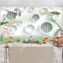 Tranh in uv đàn cá chép vàng bơi dưới hồ sen hồng