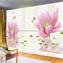 Tranh hồ hoa sen hồng và đàn cá chép vàng bơi psd