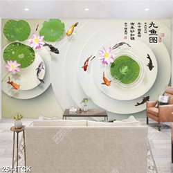 Tranh psd hoa sen cá chép bên chú ếch xanh giả ngọc