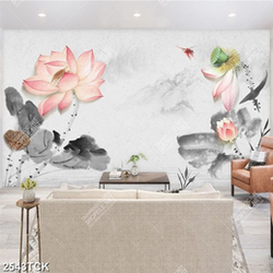 Tranh decor chú chuồn chuồn và hoa sen bên người lái đò