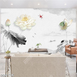 Tranh thủy mạc những bông hoa sen trắng và cá chép