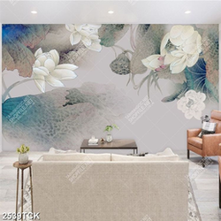 Tranh hoa sen cá chép trên nền xanh xám trang trí tường
