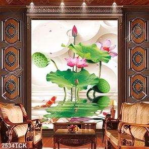 Tranh in canvas những bông hoa sen hồng và cá chép