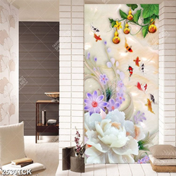 Tranh hồ hoa sen hồng và đàn cá chép vàng bơi psd