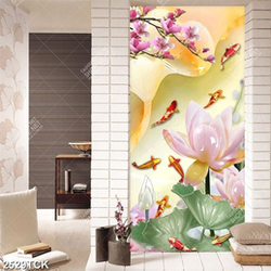 Tranh psd hoa sen cá chép bên chữ hán giả hồng ngọc