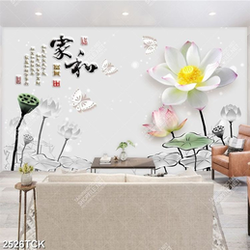 Tranh dán tường hồ cá chép vàng và những bông hoa sen