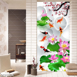 Tranh hồ hoa sen trắng bên dòng chữ hán trang trí tường