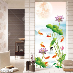 Tranh cá chép bên những bông hoa sen hồng in 5d