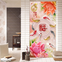 Tranh nghệ thuật hoa sen hồng và đàn cá chép vàng