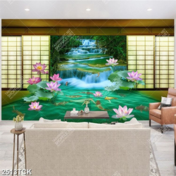 Tranh decor những bông hoa sen hồng bên con suối