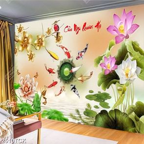 Tranh thêu hoa sen cá chép bên đàn bướm xinh bay lượn