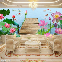 Tranh những bông hoa sen khoe sắc bên cây cầu xinh đẹp