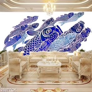 Tranh những chú cá chép màu xanh dương dán tường