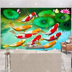 Tranh in tường đầm hoa sen khoe sắc bên cá chép