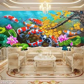 Tranh nghệ thuật đàn cá chép dưới cành hoa mai vàng