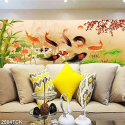 Tranh in canvas đàn cá chép trong hồ hoa sen hồng thắm