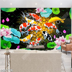 Tranh in uv đàn cá chép xinh đẹp tròng hồ hoa sen hồng