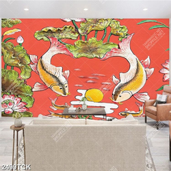 Tranh psd đàn cá chép vui đùa bên bóng ánh trăng vàng