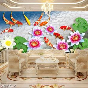 Tranh decor hoa sen và đàn cá chép trong hồ đá cuội