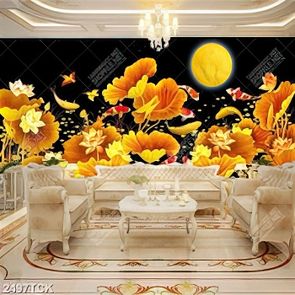 Tranh bông hoa sen vàng trong hồ cá chép vàng rực rỡ