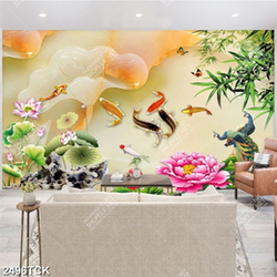 Tranh những cành hoa mẫu đơn bên hồ cá chép vàng