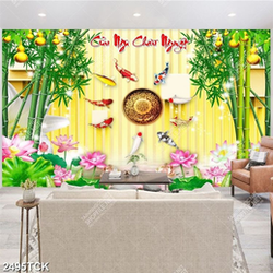 Tranh hoa sen cá chép bên những hàng tre xanh xinh đẹp