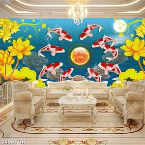 Tranh hoa sen cá chép vàng trong hồ nước trang trí tường