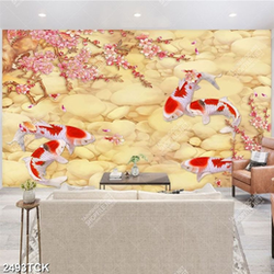 Tranh cá chép bên những cành hoa anh đào khoe sắc in 3d