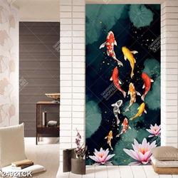 Tranh giả ngọc hồ hoa sen hồng và đàn cá chép bơi lội